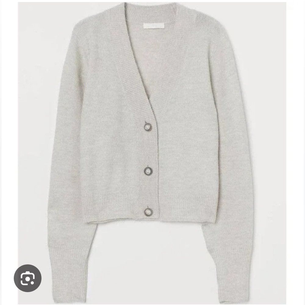 H&M Grey Wool Blend Knit Rhinestone Jewel Pearl Button Caridgan